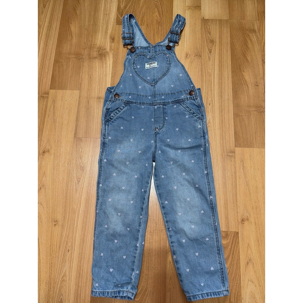 OshKosh B'gosh 4T Heart Print Denim Overalls Light Wash Toddler